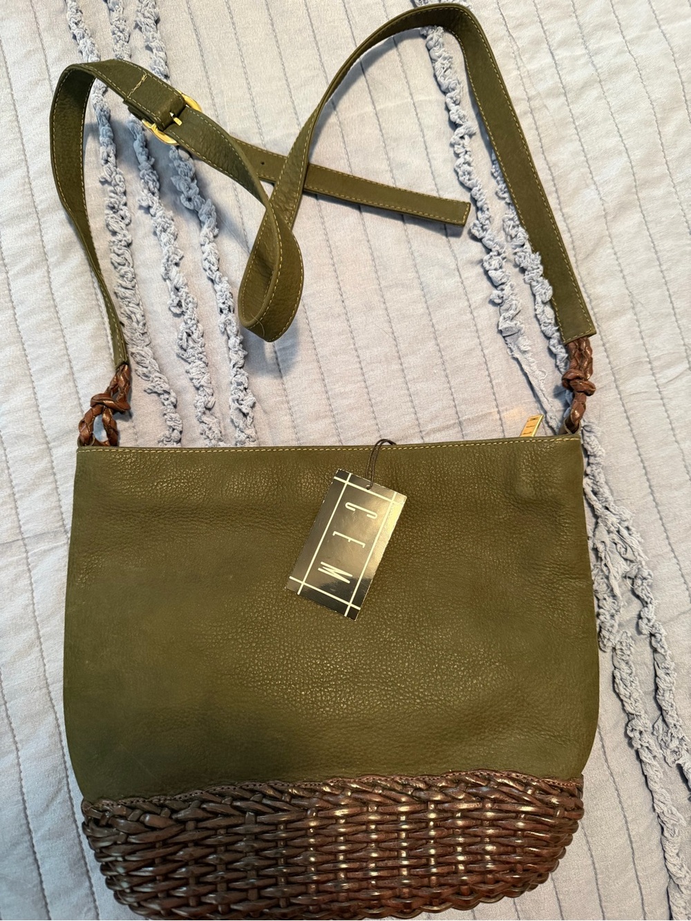 Olive Green Crossbody Bag with Woven Rattan Base